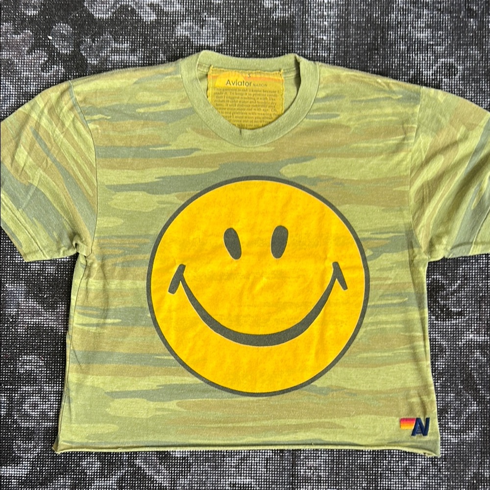 Aviator Nation Camo Tee with Yellow Smiley